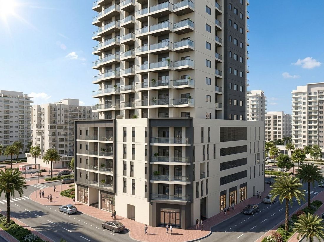 Fasada apartamentowca Empire Residence z balkonami w dzielnicy JVC