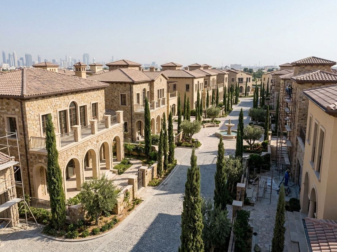 Eleganckie włoskie wille Taormina Village z kamiennymi fasadami, łukami i cyprysami