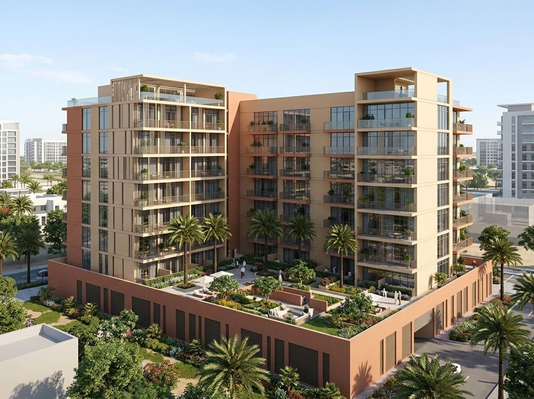 Elegancka niska zabudowa Amalia Residences z zielenią w dzień