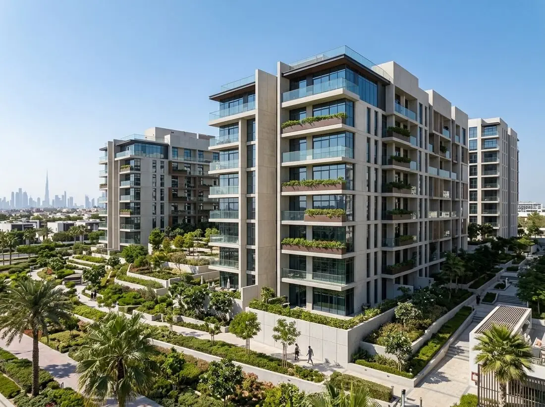 Nowoczesny budynek mieszkalny z balkonami i zielenią w Hillside Residences