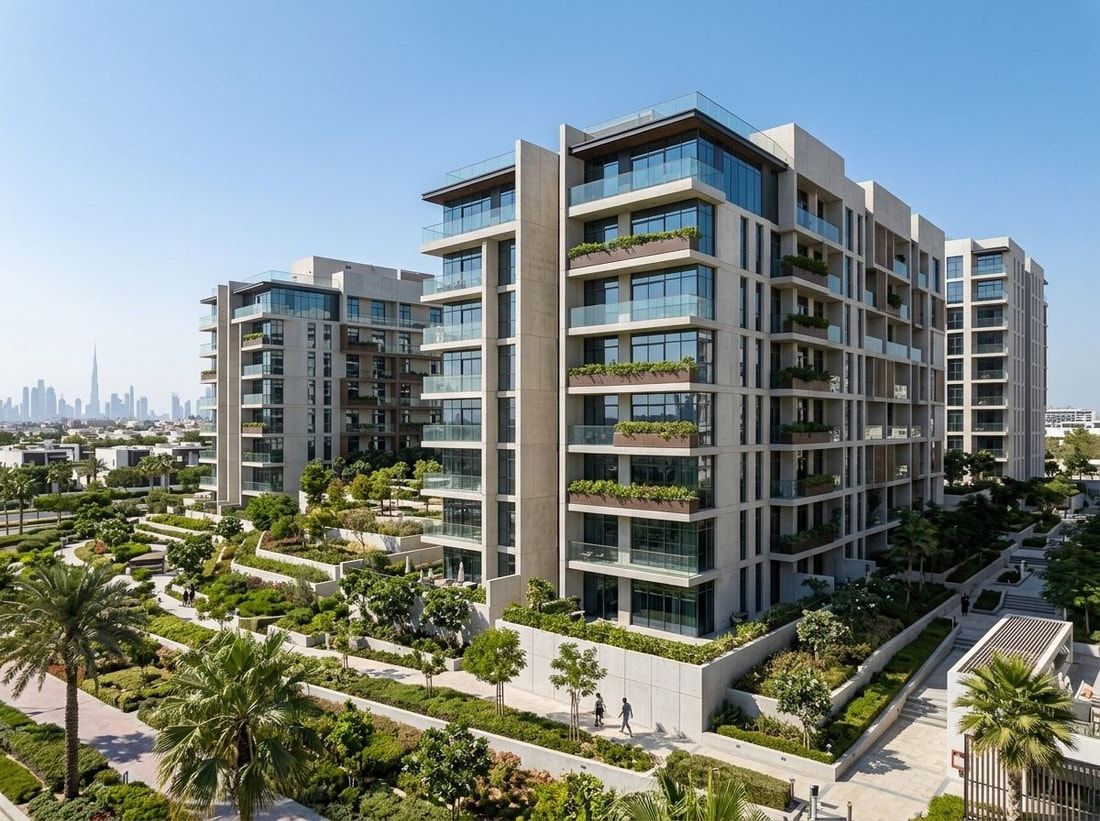 Nowoczesny budynek mieszkalny z balkonami i zielenią w Hillside Residences