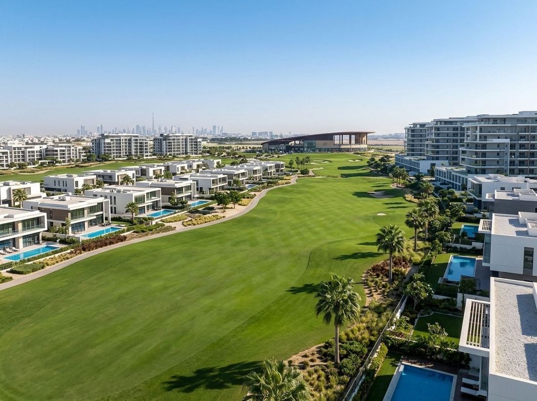 Wille i apartamentowce nad polem golfowym w DAMAC Hills