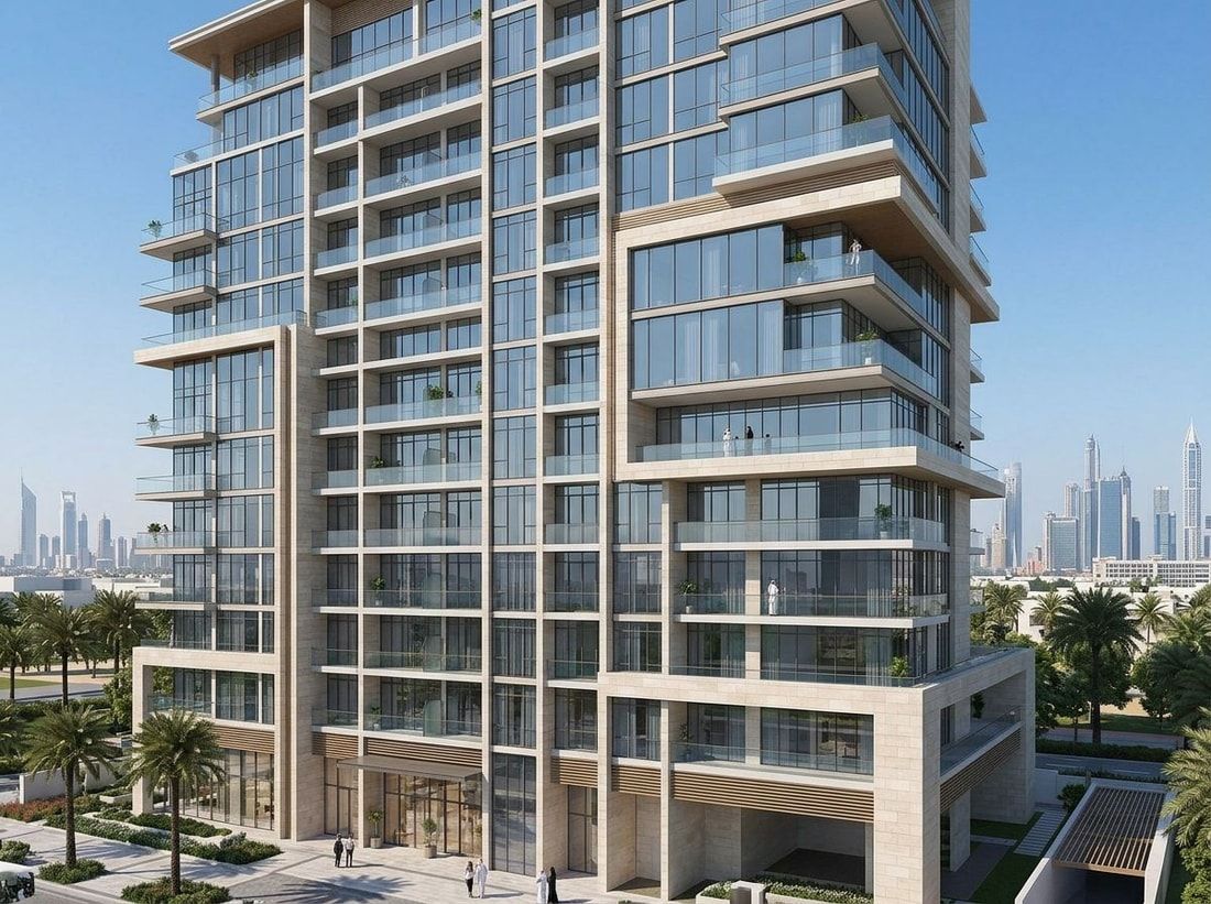 Elegancka fasada apartamentowca Empire Estates ze szkłem i kamieniem