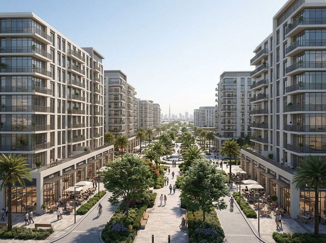Apartamentowce wzdłuż zielonego bulwaru w Town Square Dubai