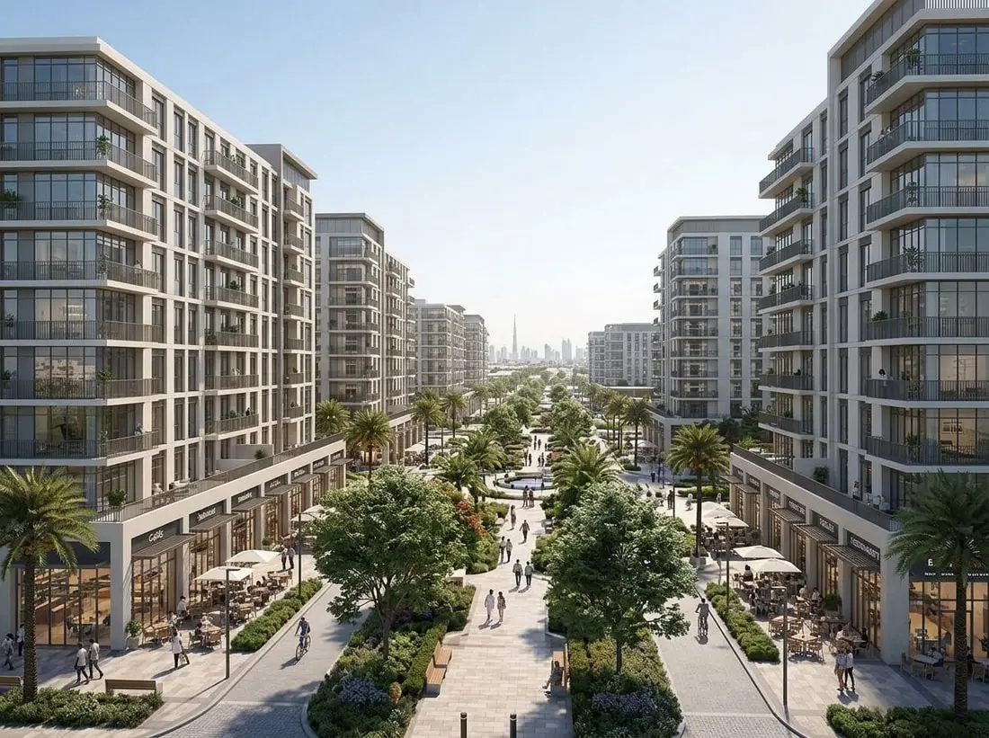 Apartamentowce wzdłuż zielonego bulwaru w Town Square Dubai
