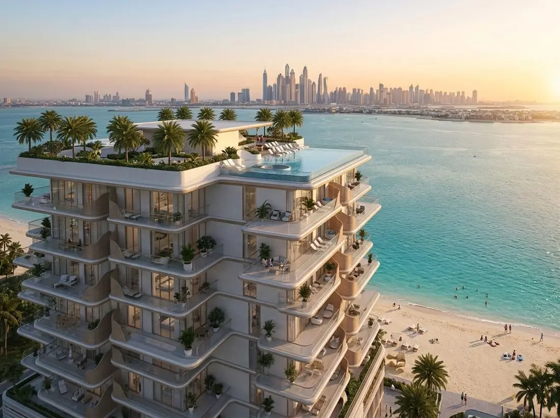 Nadmorska fasada budynku Sunset Bay na Dubai Islands