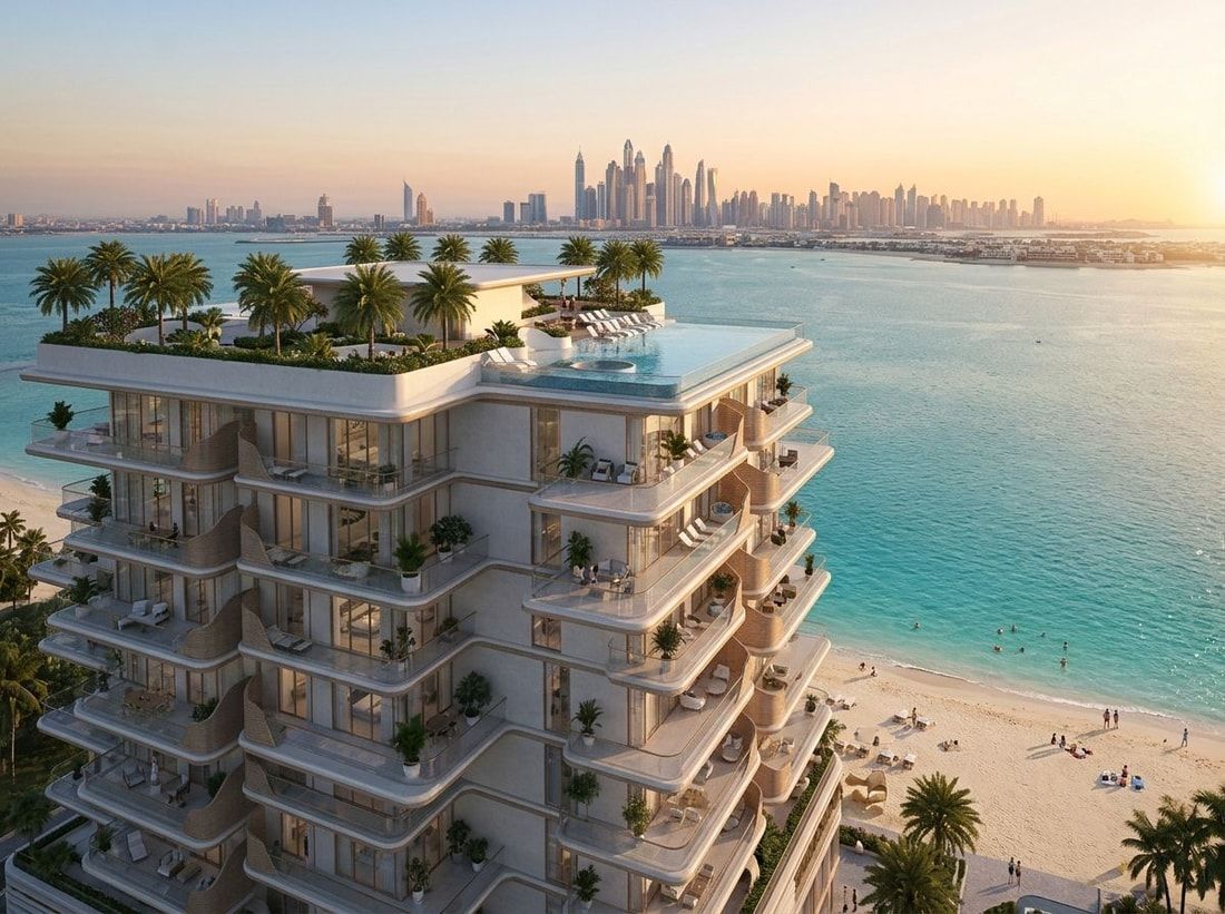 Nadmorska fasada budynku Sunset Bay na Dubai Islands