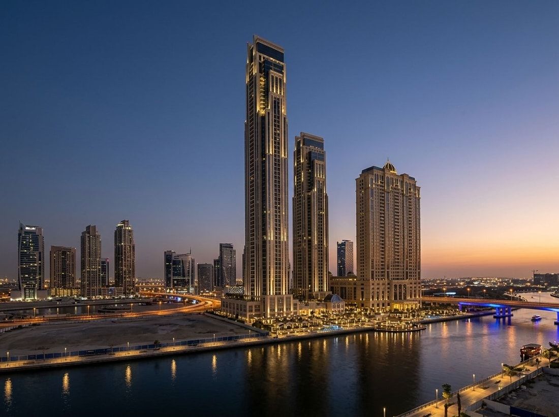 Smukła fasada wieży Noora Tower nad Dubai Water Canal