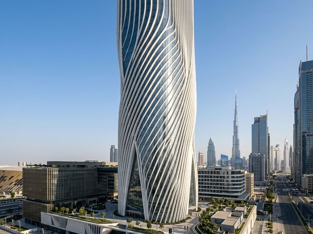 Supersmukła wieża z rzeźbiarską ceramiczną fasadą wasl Tower