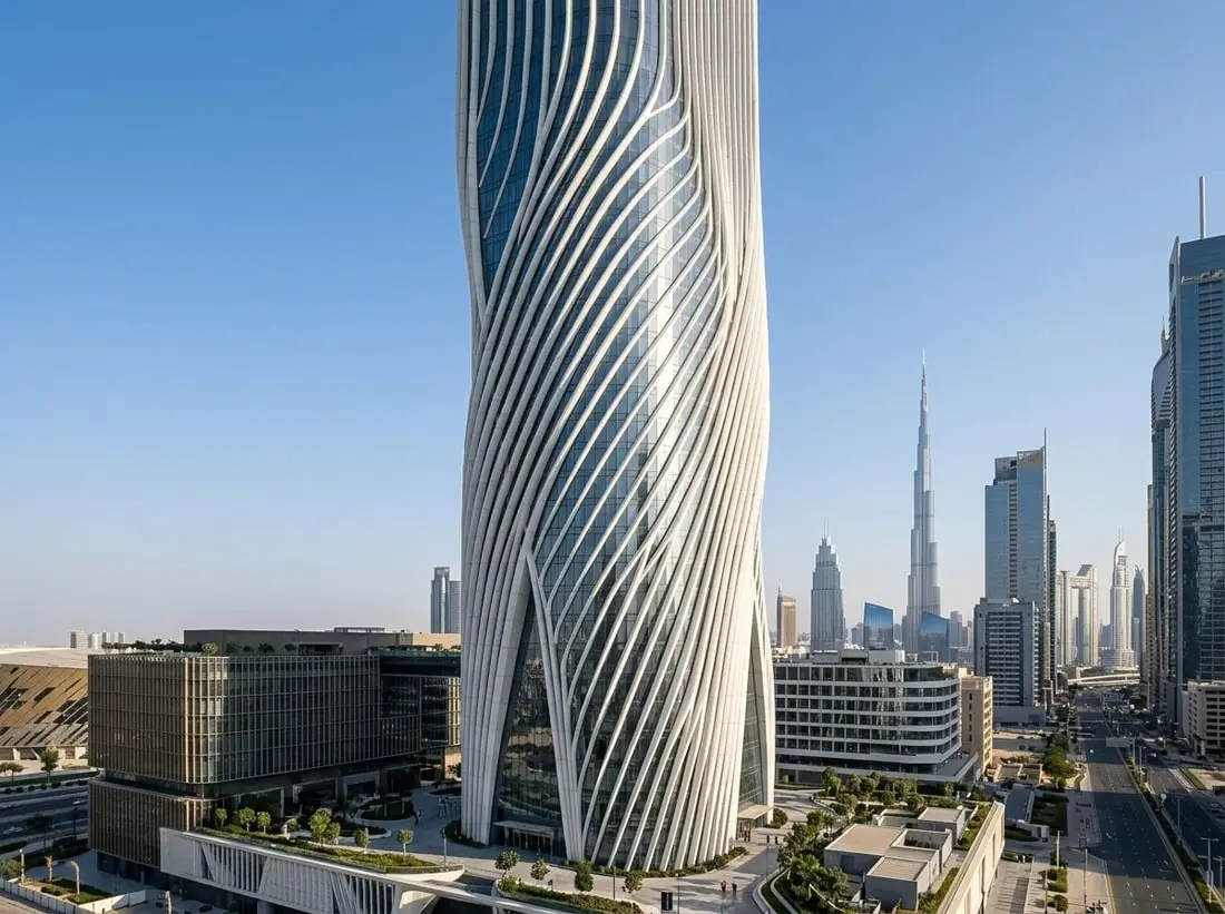 Supersmukła wieża z rzeźbiarską ceramiczną fasadą wasl Tower