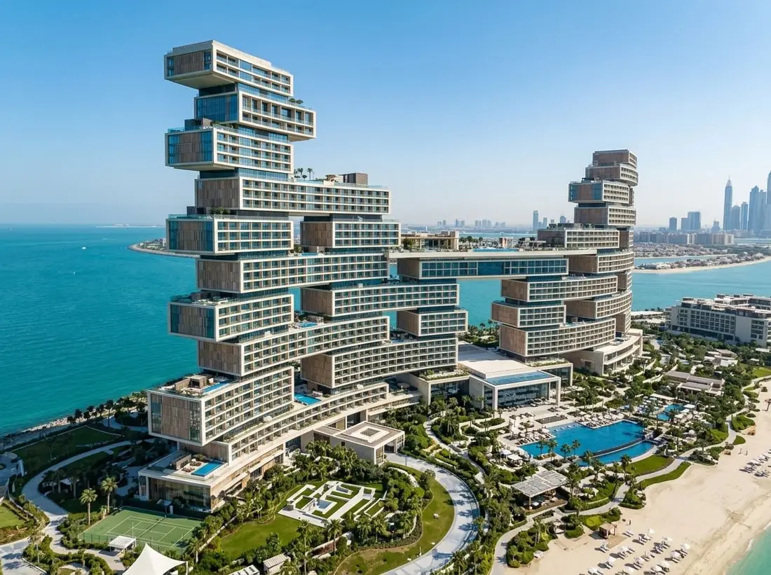 Monumentalna wieża rezydencji z zawieszonymi ogrodami przy morzu na Palm Jumeirah