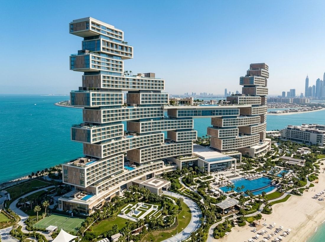 Monumentalna wieża rezydencji z zawieszonymi ogrodami przy morzu na Palm Jumeirah