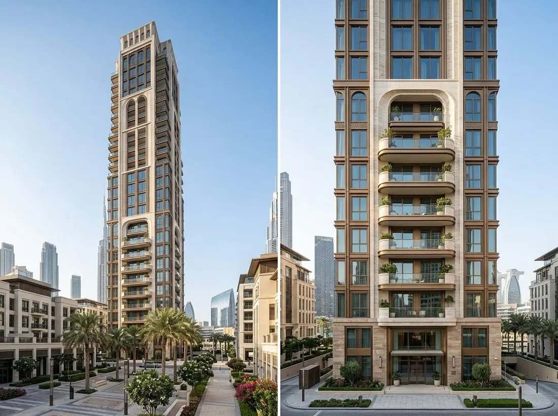 Elegancka fasada wieży Mr. C Residences w Downtown Dubai za dnia