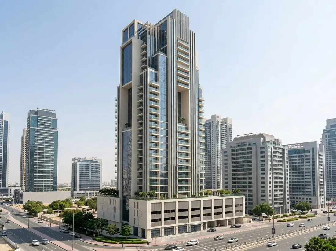 Wysoka nowoczesna wieża Regina Tower ze szklanymi balkonami