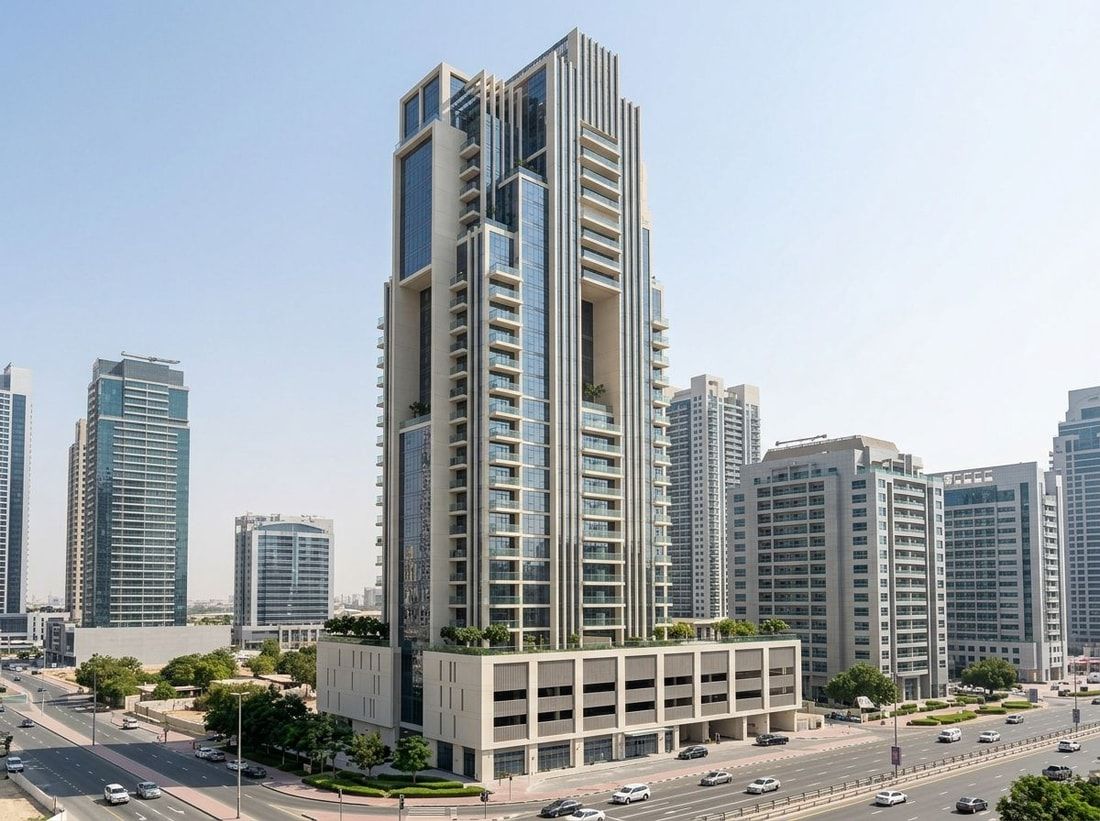 Wysoka nowoczesna wieża Regina Tower ze szklanymi balkonami