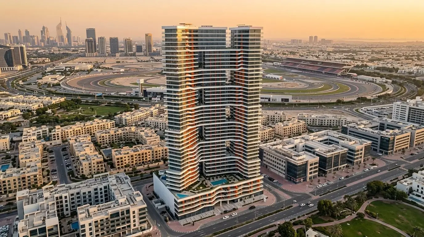 40-piętrowa wieża Binghatti Sky Terraces w Motor City w Dubaju o zachodzie słońca