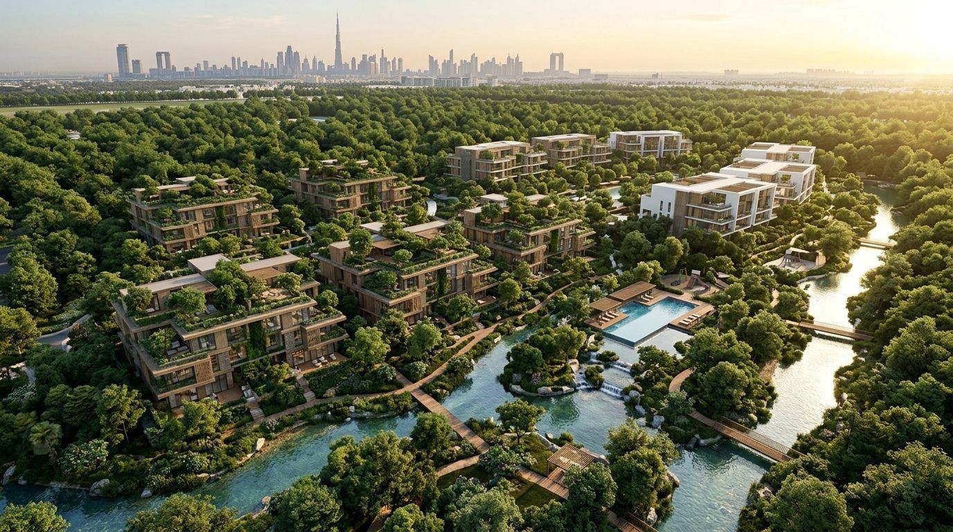 Niskie apartamentowce Ashjar wtopione w las Al Barari o zachodzie słońca