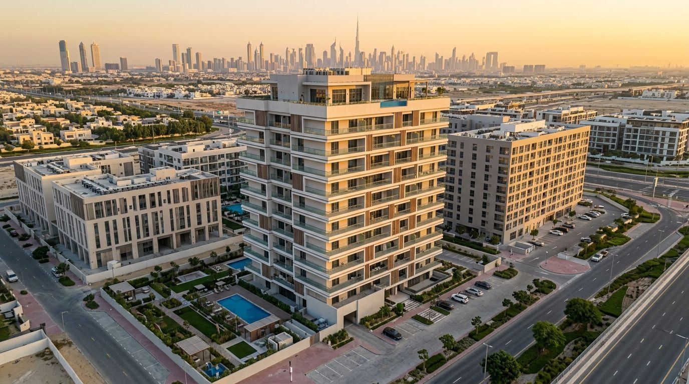 Lotniczy widok nowoczesnego jedenastokondygnacyjnego budynku Aark Residences w Dubailand o zachodzie słońca