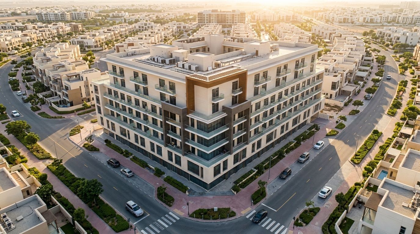 Nowoczesny apartamentowiec Oxford Residence w Jumeirah Village Circle o zachodzie słońca