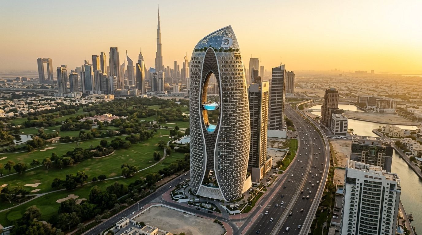 Smukła luksusowa wieża Safa Two nad Safa Park przy Sheikh Zayed Road o zachodzie słońca