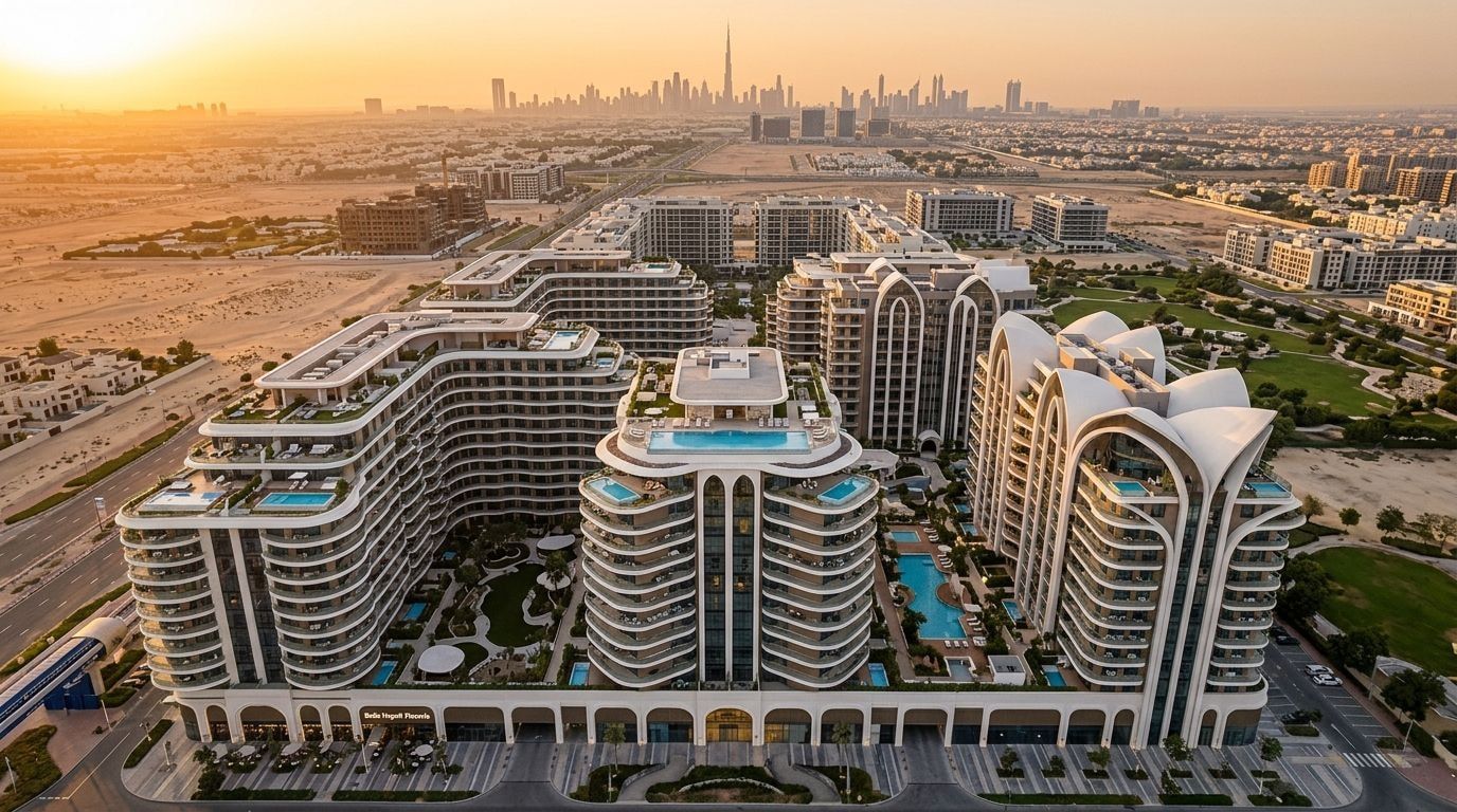 Apartamentowiec Weybridge Gardens w stylu Riwiery Francuskiej w Dubailand o zachodzie słońca