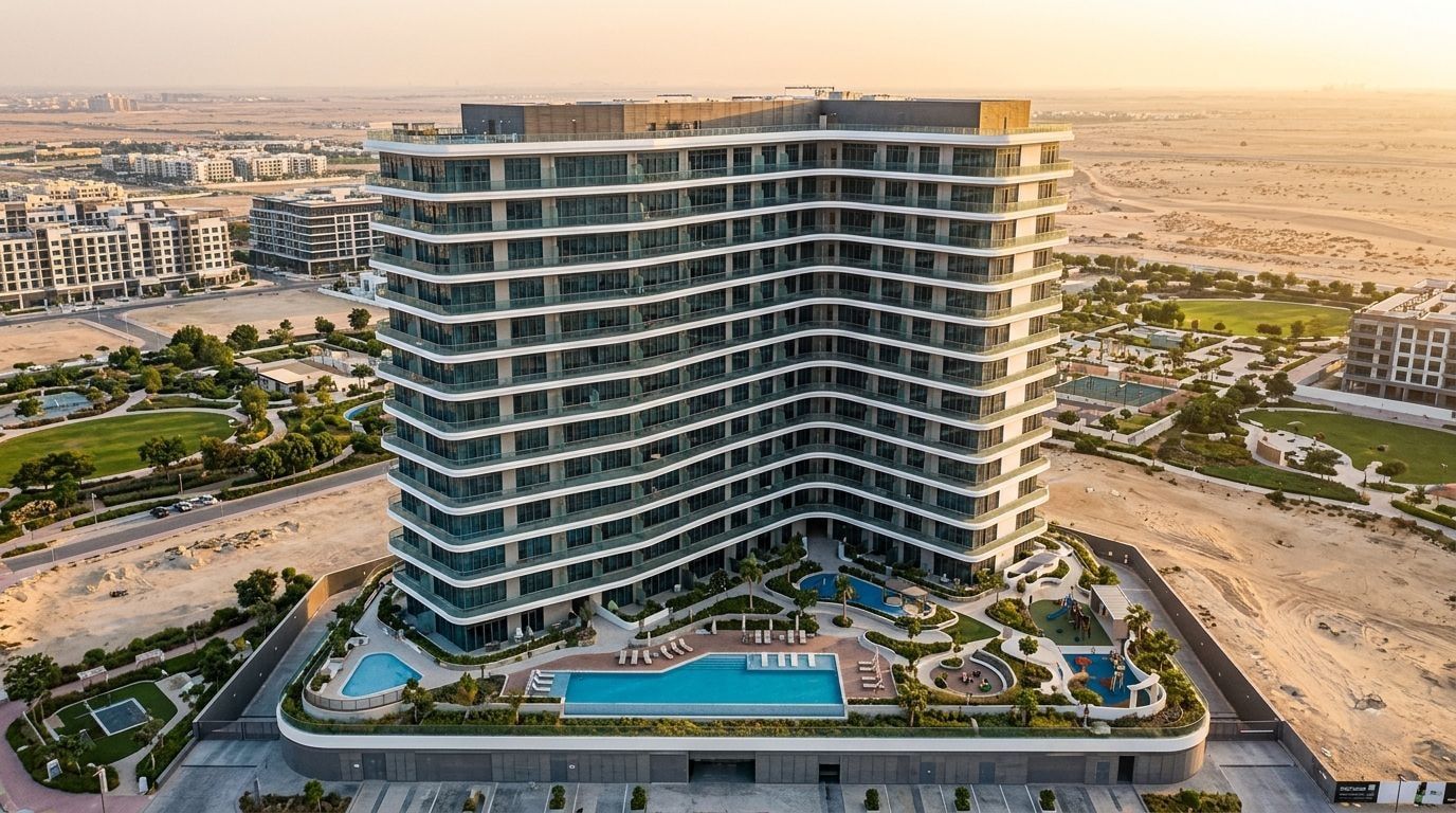 Wieża Milos Residences w kształcie litery L w Dubailand z basenami na tarasie o zachodzie słońca