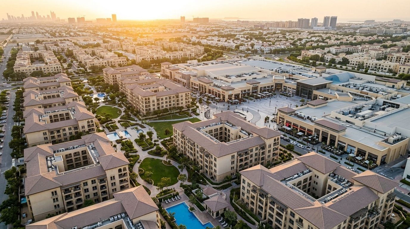 Lotniczy widok osiedla Uptown Mirdiff z apartamentowcami i centrum handlowym o zachodzie słońca
