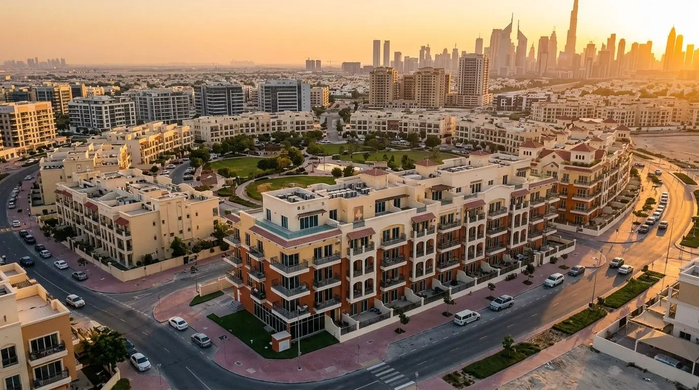 Kameralny budynek Pantheon Boulevard w Jumeirah Village Circle o zachodzie słońca