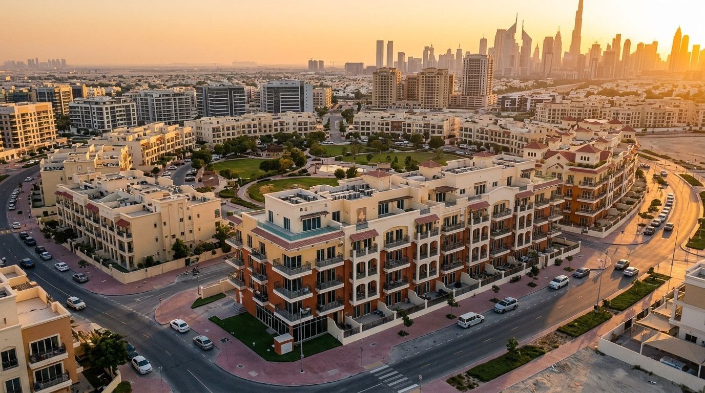 Kameralny budynek Pantheon Boulevard w Jumeirah Village Circle o zachodzie słońca