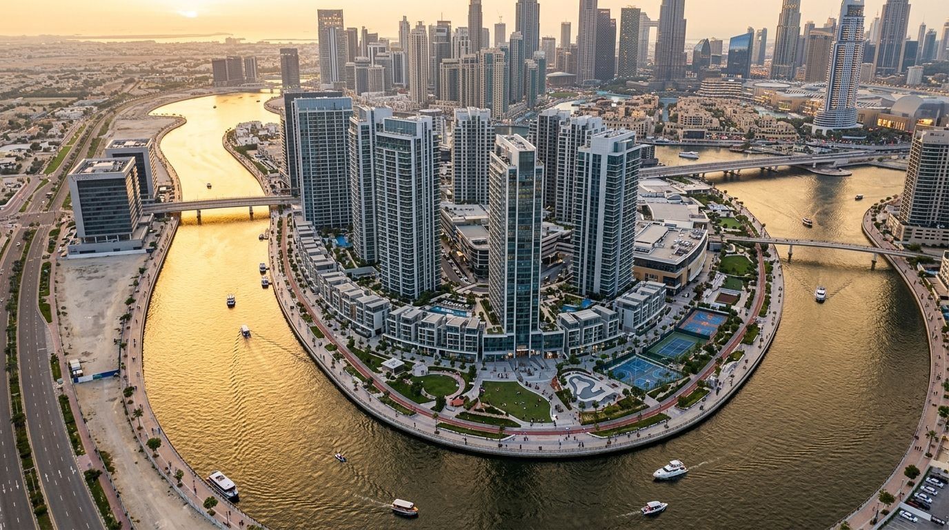 Lotniczy widok nadwodnej dzielnicy Peninsula na cyplu przy Dubai Canal w Business Bay o zachodzie słońca