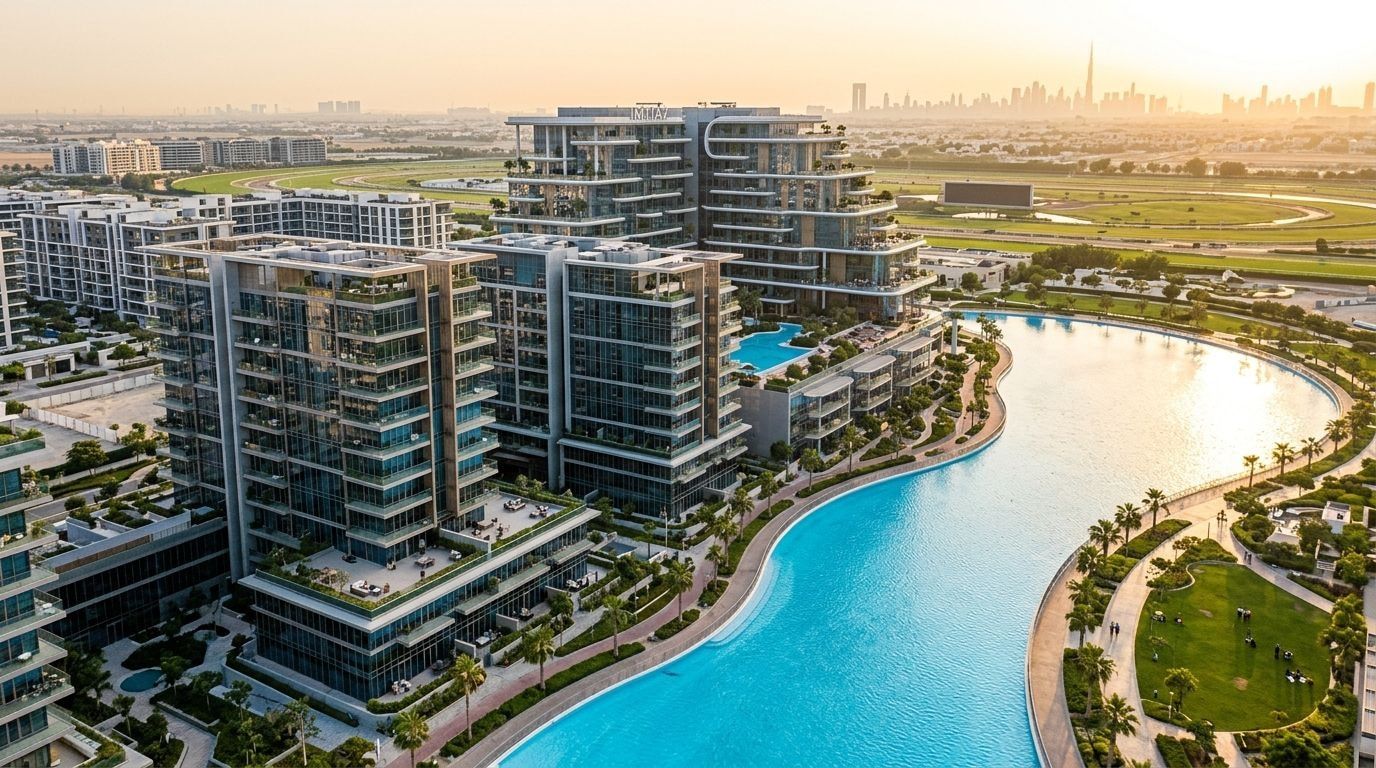 Budynek Wynwood Horizon nad krystaliczną laguną w Meydan o zachodzie słońca