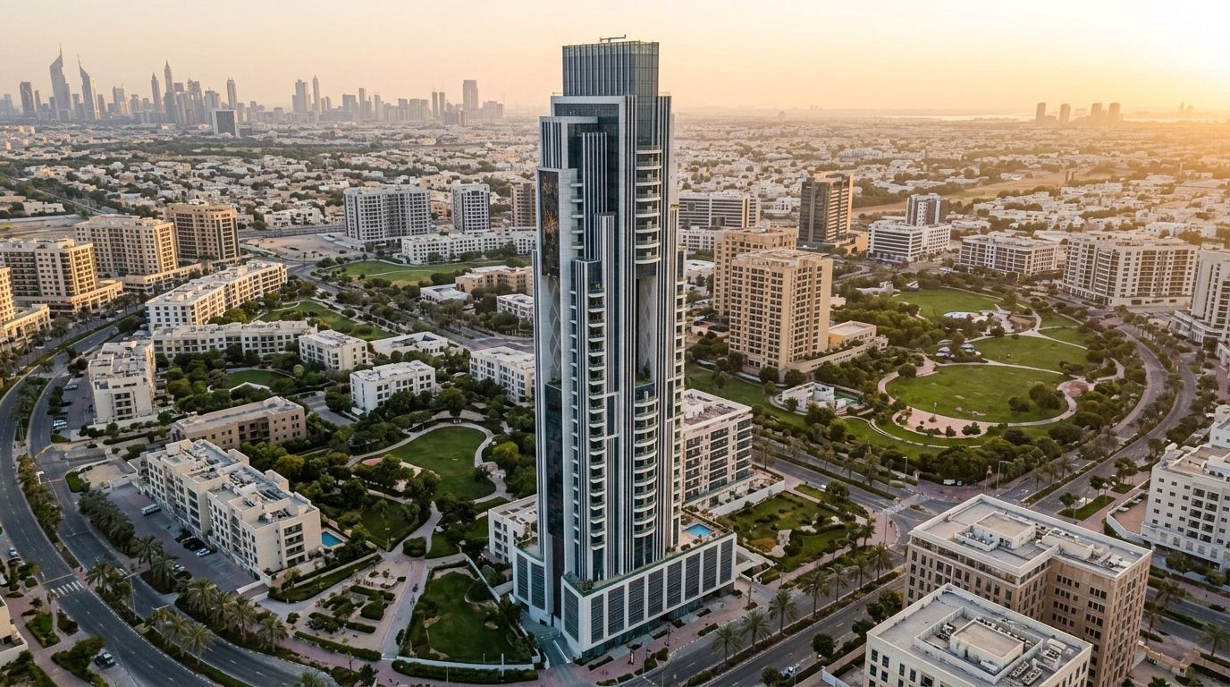 Lotniczy widok smukłej wieży Regina Tower w JVC wśród zieleni o zachodzie słońca