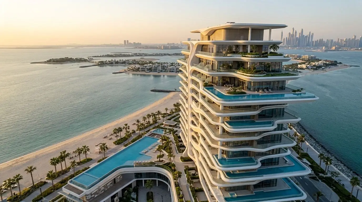 Nadmorskie rezydencje Elle Residences na Dubai Islands o zachodzie słońca