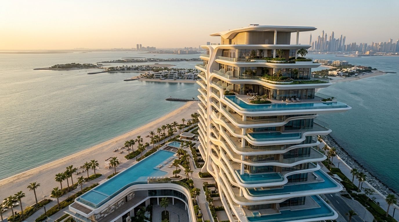 Nadmorskie rezydencje Elle Residences na Dubai Islands o zachodzie słońca