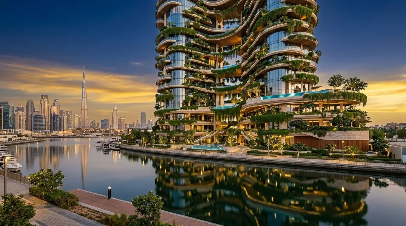 Biofiliczna wieża Eywa nad Dubai Water Canal o zachodzie słońca, z zielenią i kaskadami wody na tarasach