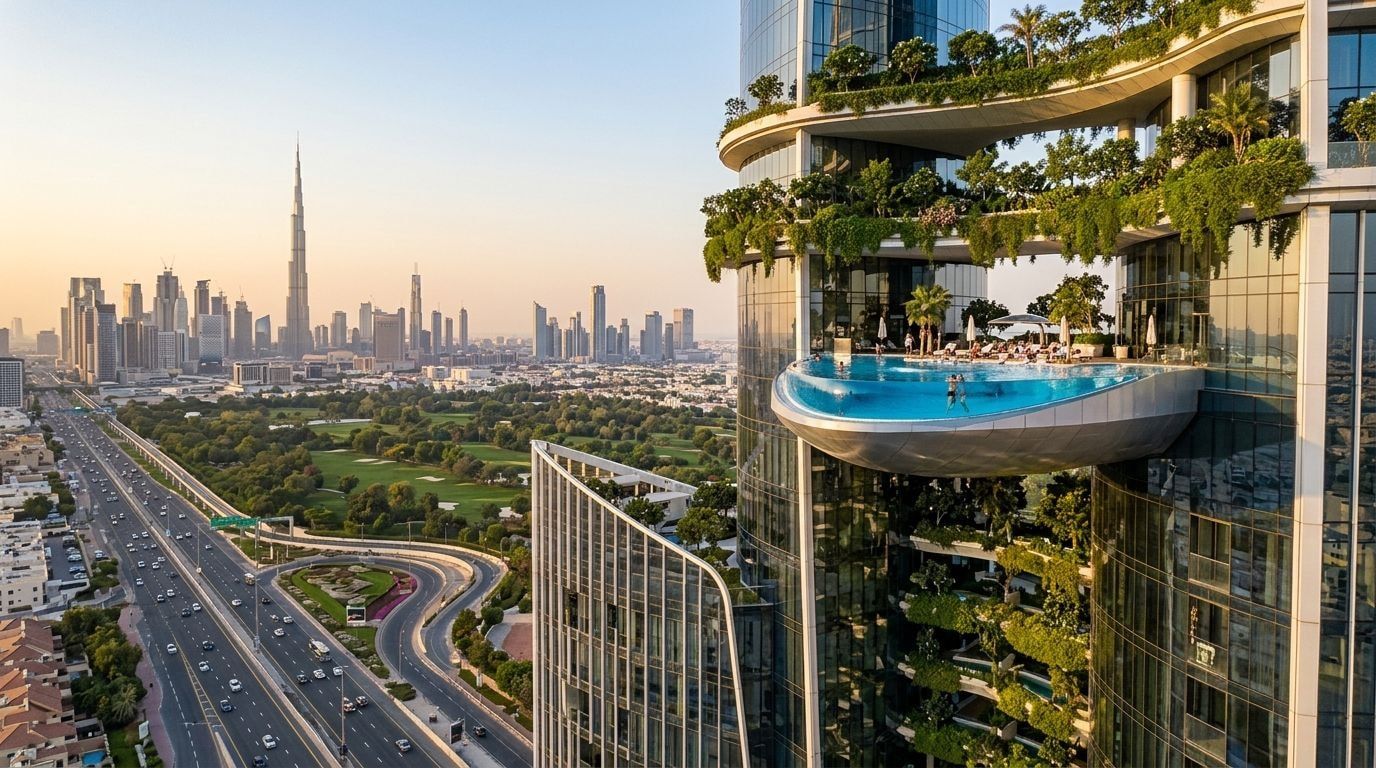 Luksusowa wieża Safa One nad Safa Park przy Sheikh Zayed Road o zachodzie słońca