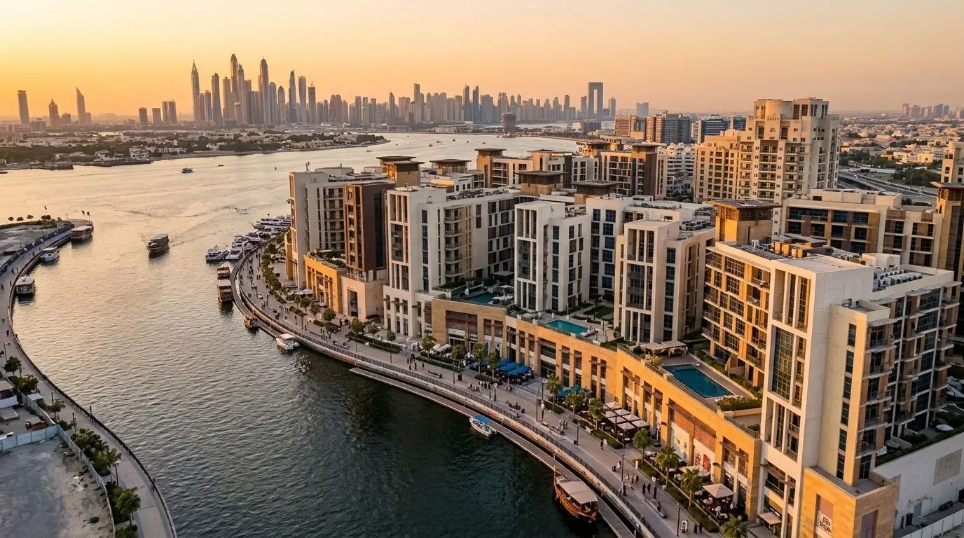 Nadwodna dzielnica Dubai Wharf z deptakiem wzdłuż kanału o zachodzie słońca, ujęcie z lotu ptaka