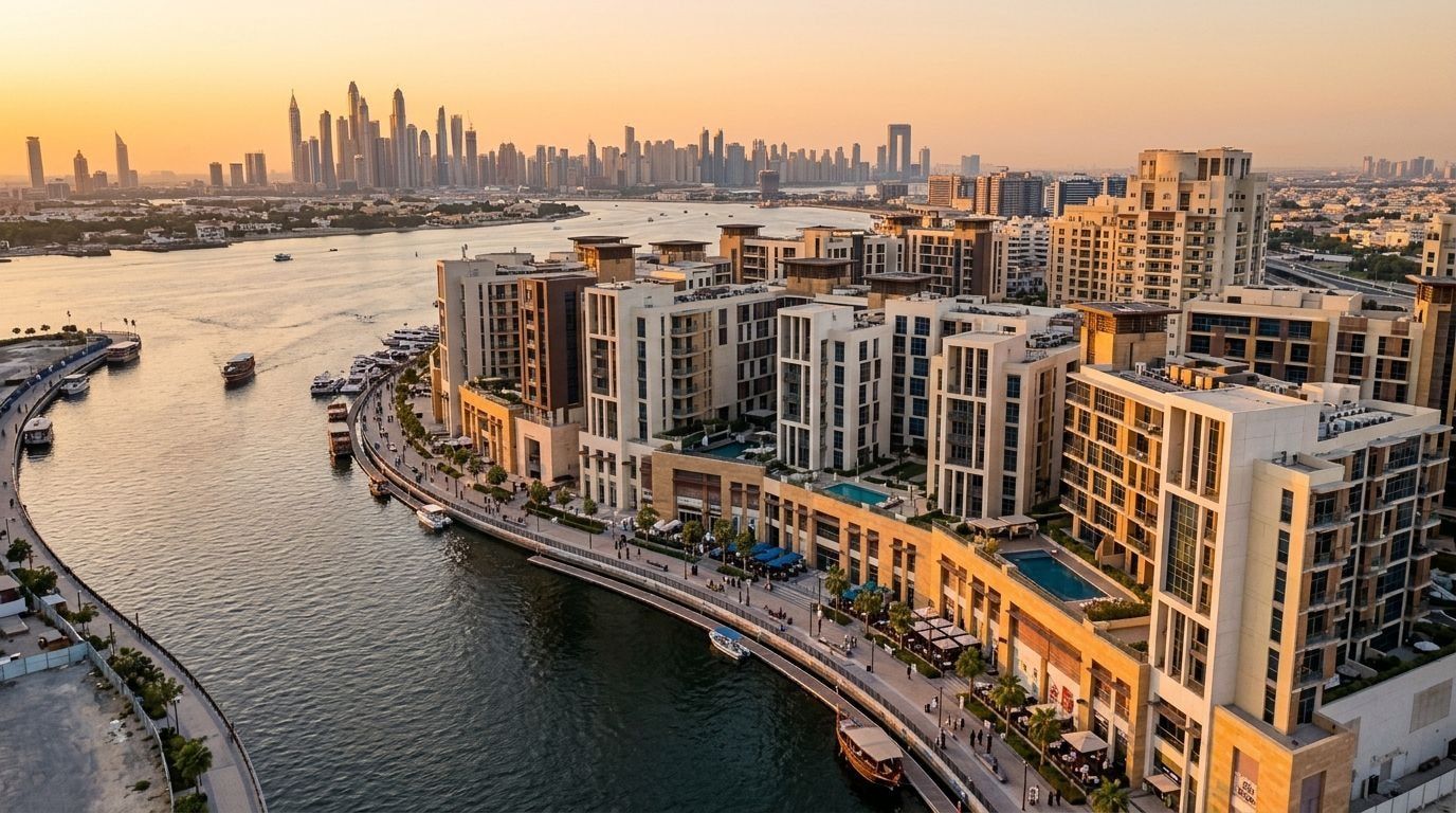 Nadwodna dzielnica Dubai Wharf z deptakiem wzdłuż kanału o zachodzie słońca, ujęcie z lotu ptaka