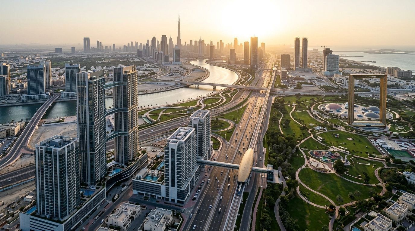 Lotniczy widok wież wasl1 nad Zabeel Park i Dubai Water Canal o zachodzie słońca