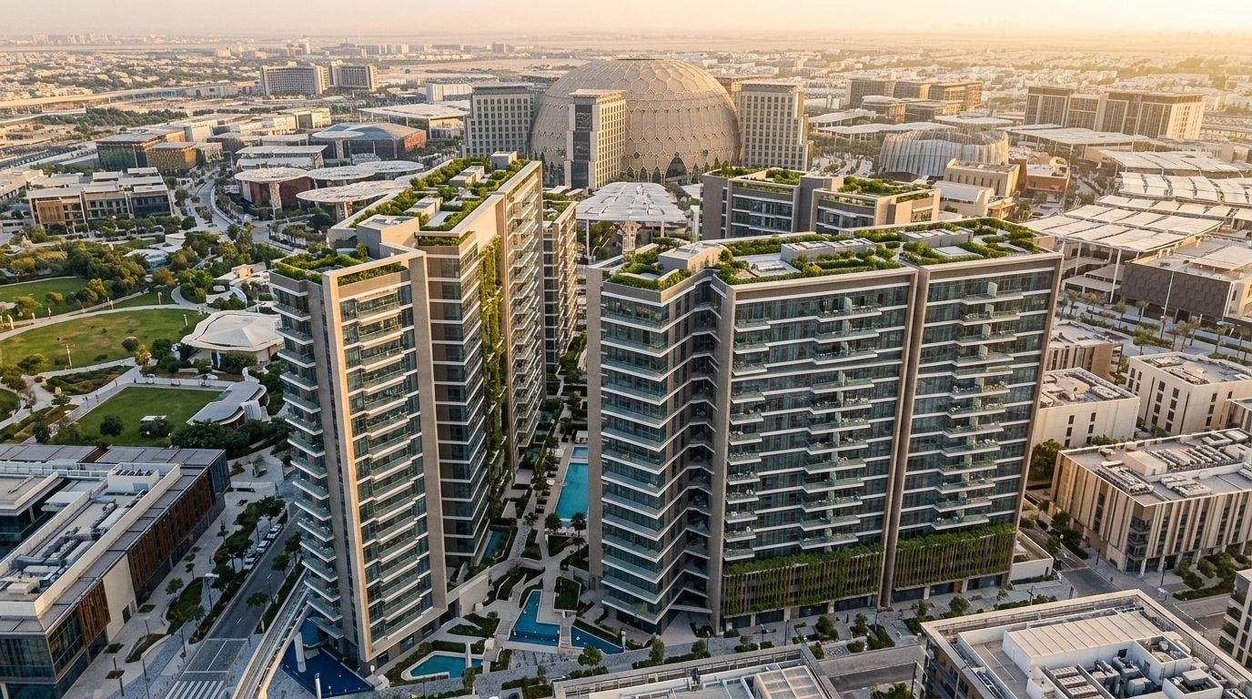 Apartamentowce Sky Residences w Expo City Dubai z zielenią o zachodzie słońca