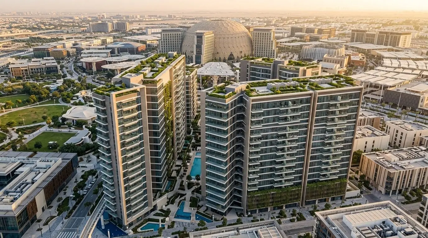 Apartamentowce Sky Residences w Expo City Dubai z zielenią o zachodzie słońca