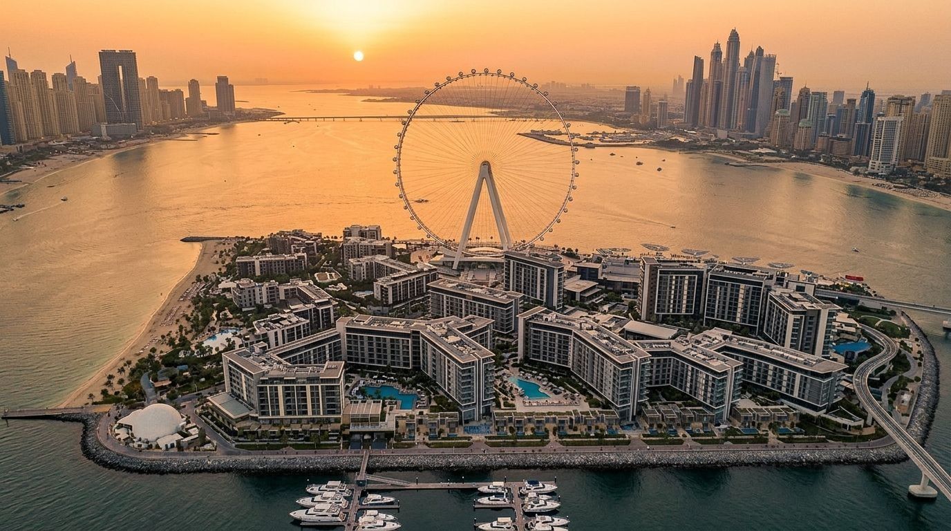 Lotniczy widok Bluewaters Island z kołem Ain Dubai, rezydencjami i plażą o zachodzie słońca