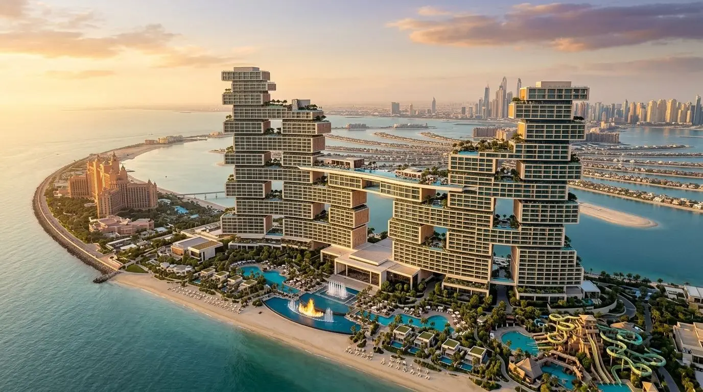Lotniczy widok ikonicznej wieży The Royal Atlantis Residences z zawieszonymi ogrodami na Palm Jumeirah o zachodzie słońca