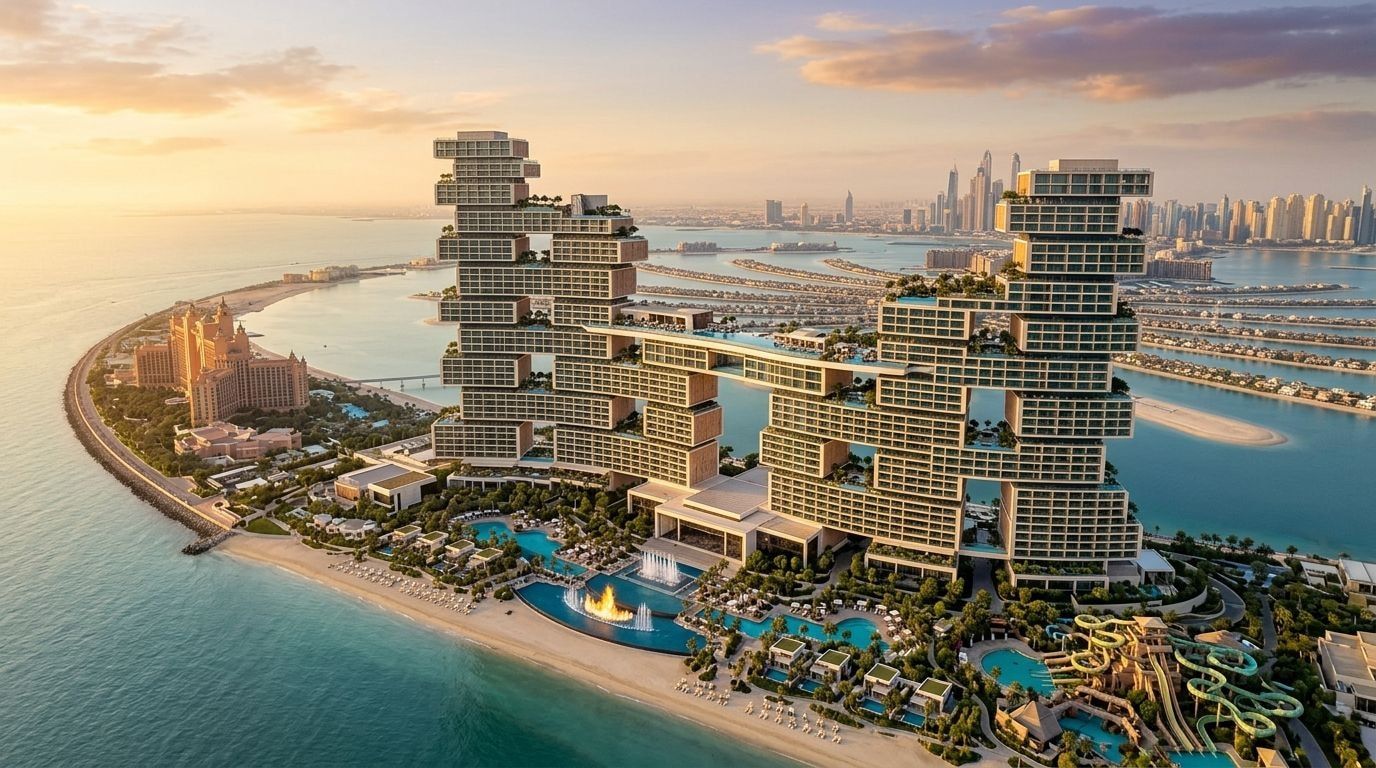Lotniczy widok ikonicznej wieży The Royal Atlantis Residences z zawieszonymi ogrodami na Palm Jumeirah o zachodzie słońca