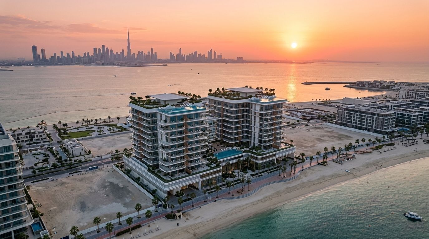 Nadmorski budynek Sunset Bay na Dubai Islands nad Zatoką Perską o zachodzie słońca