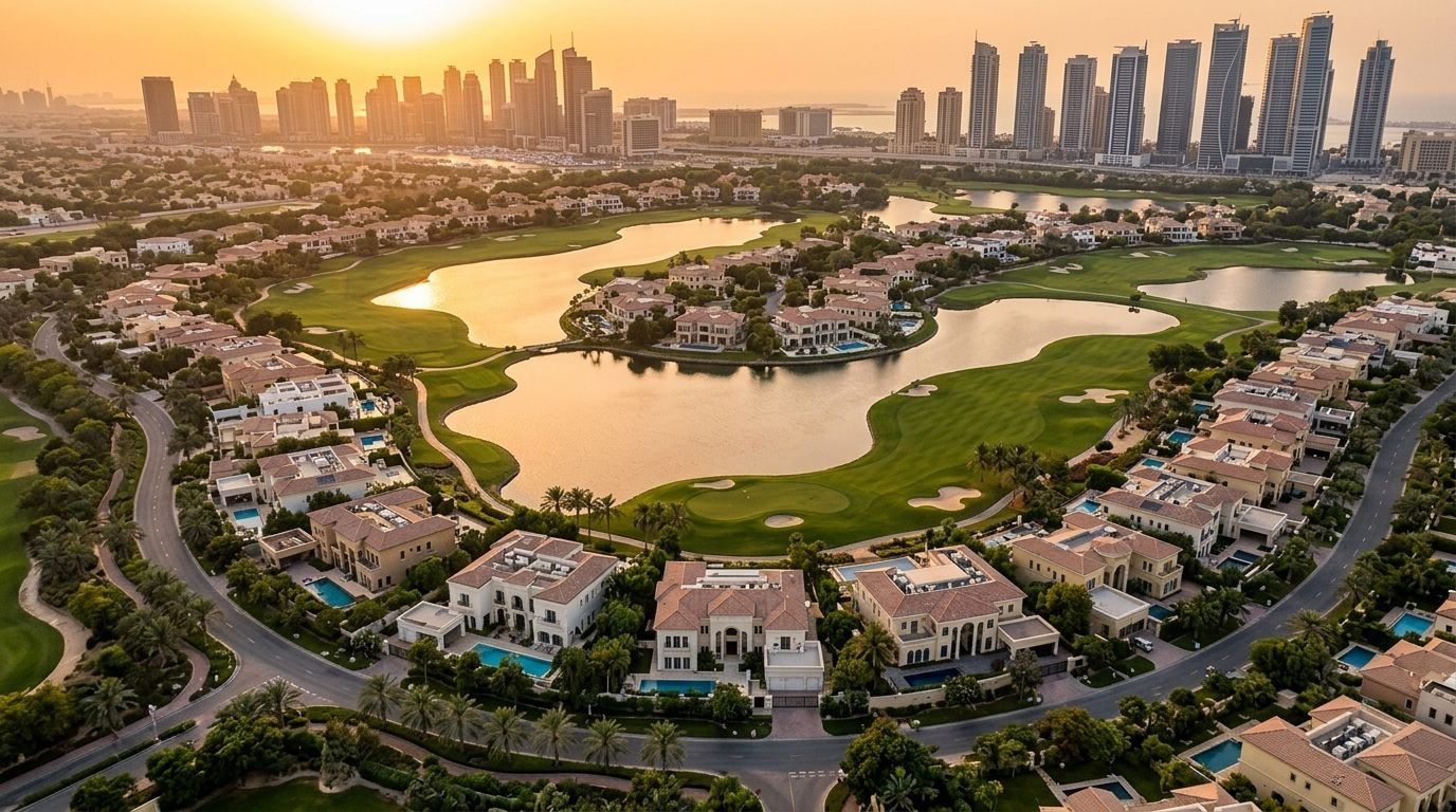 Lotniczy widok luksusowych rezydencji Emirates Hills wokół pola golfowego i jezior o zachodzie słońca