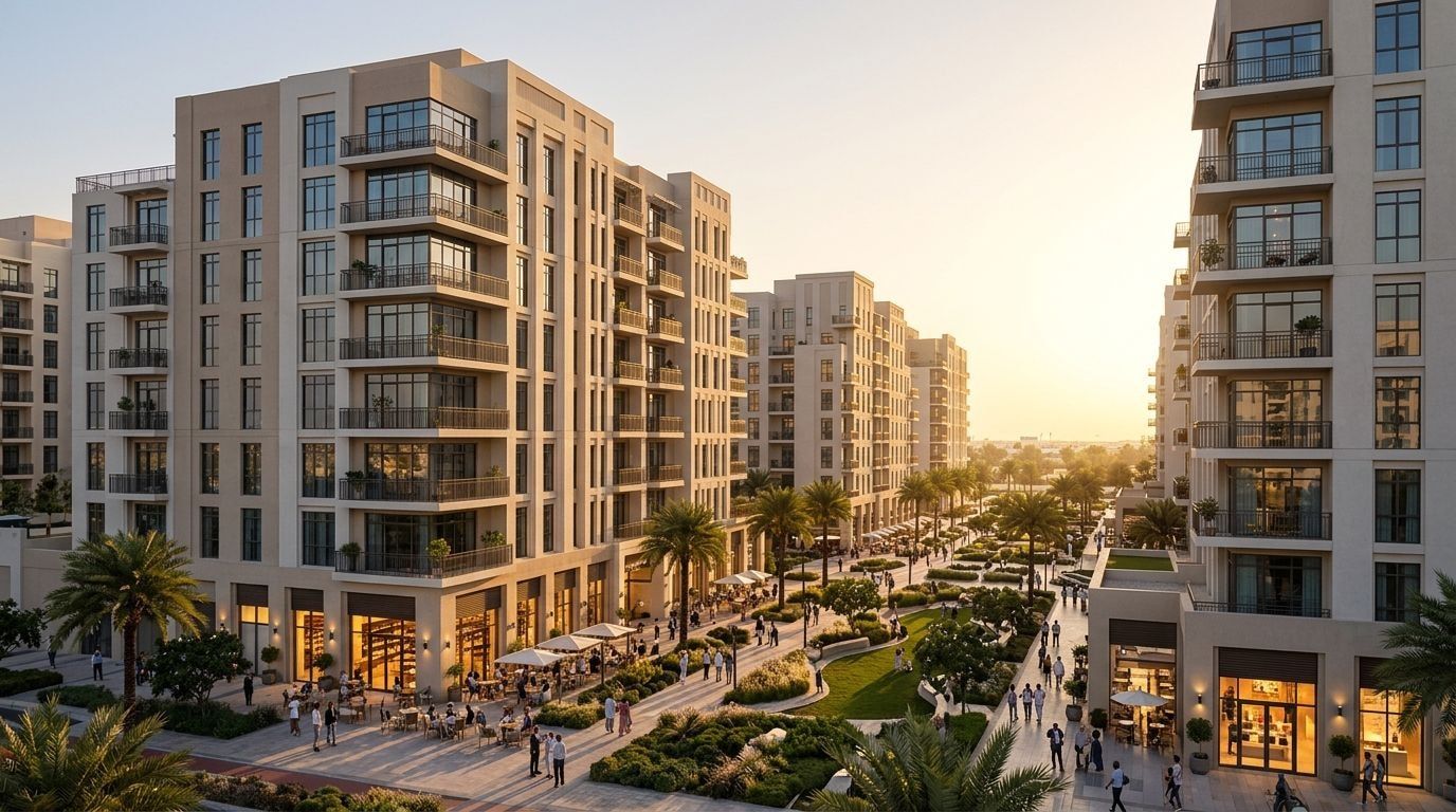 Apartamentowce Hayat Boulevard przy tętniącym bulwarze Town Square o zachodzie słońca