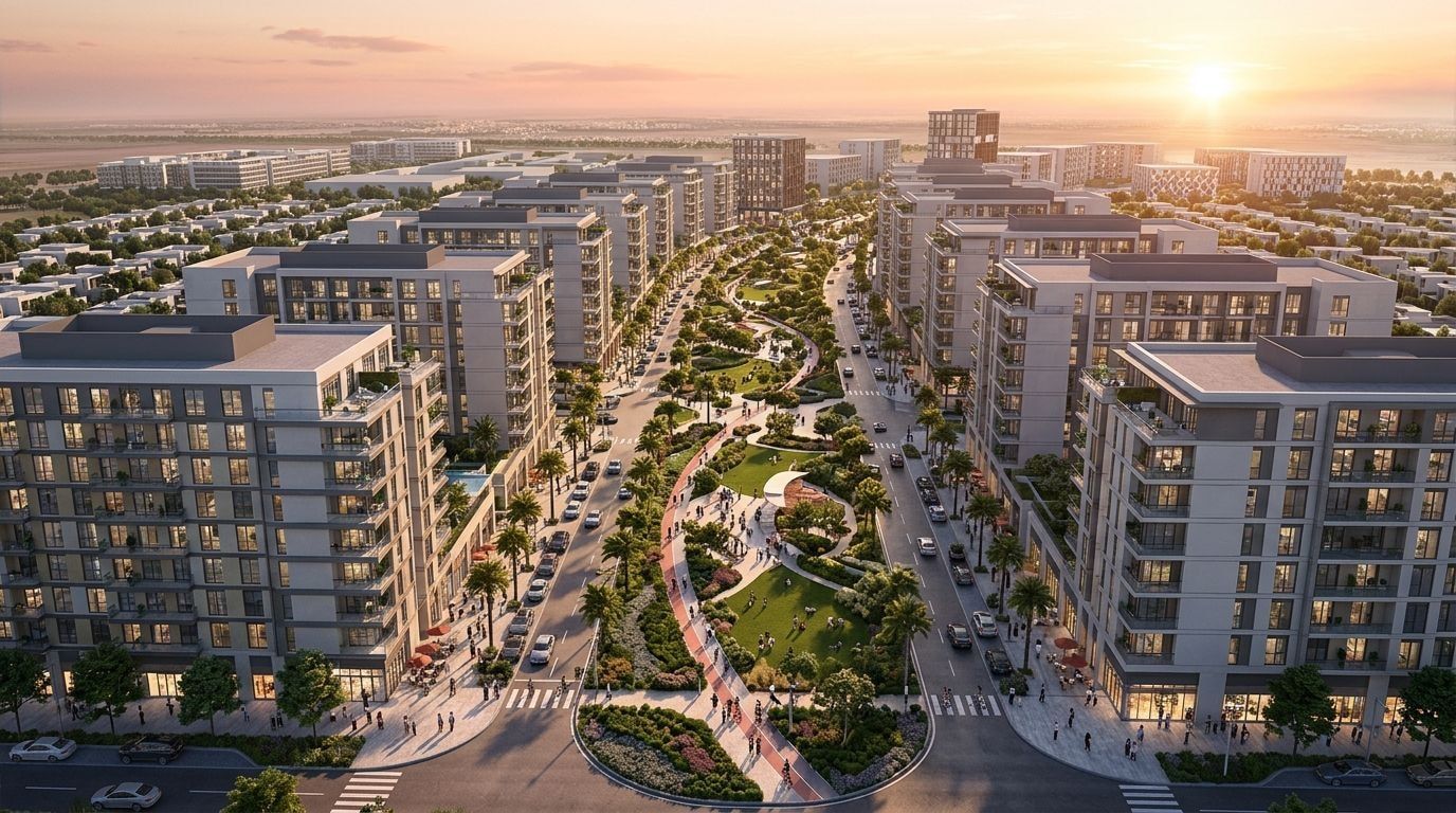 Apartamentowce przy tętniącym bulwarze The Pulse Boulevard w Dubai South o zachodzie słońca