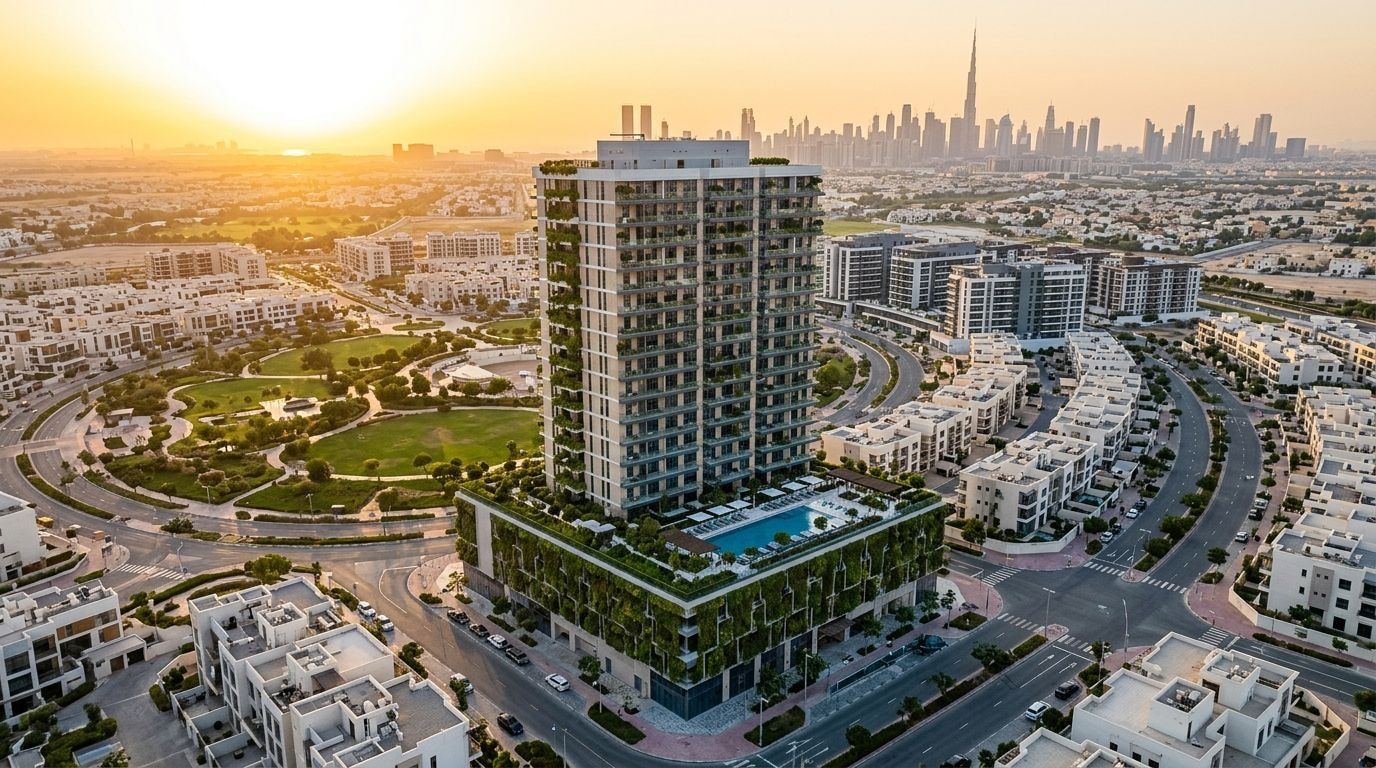 Nowoczesny budynek Ozone1 Residence w Jumeirah Village Circle o zachodzie słońca