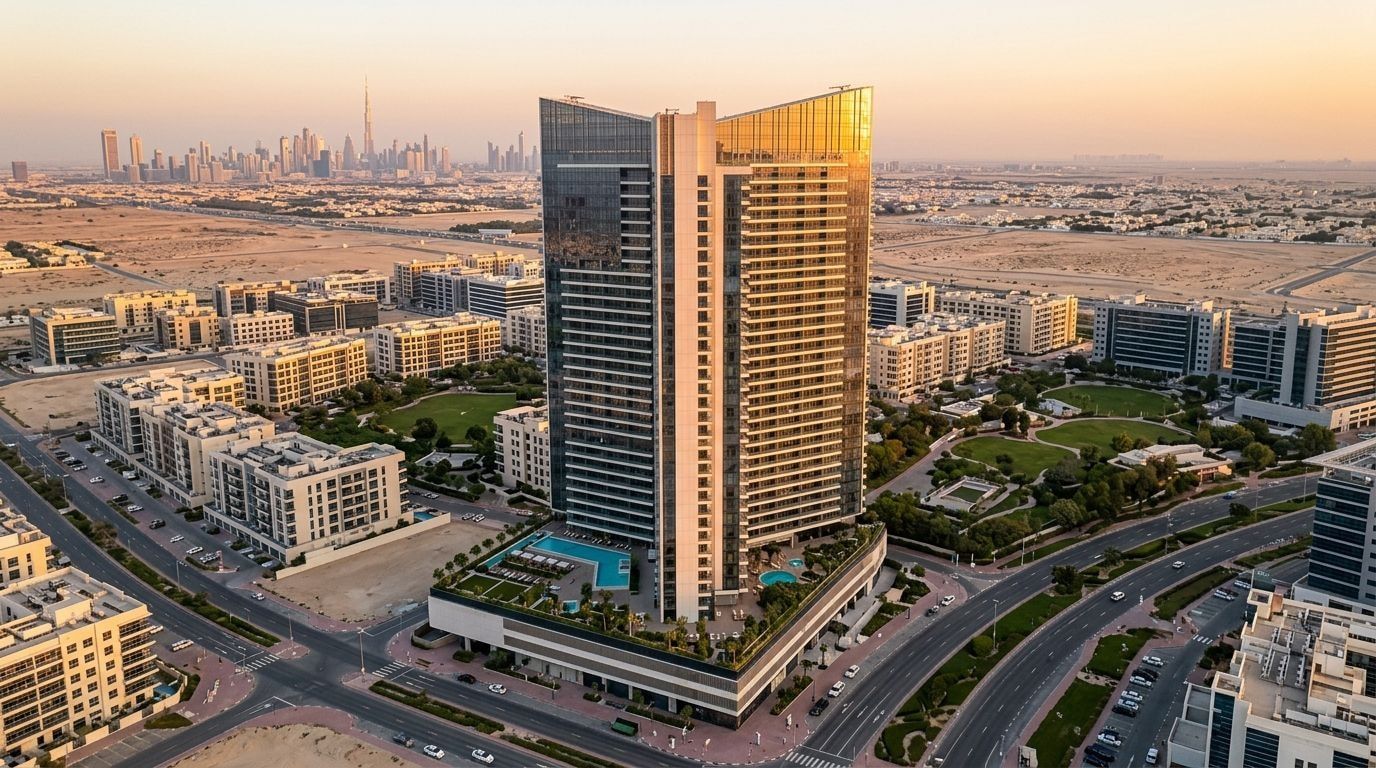 Lotniczy widok wieży Tria z geometryczną koroną w Dubai Silicon Oasis o zachodzie słońca